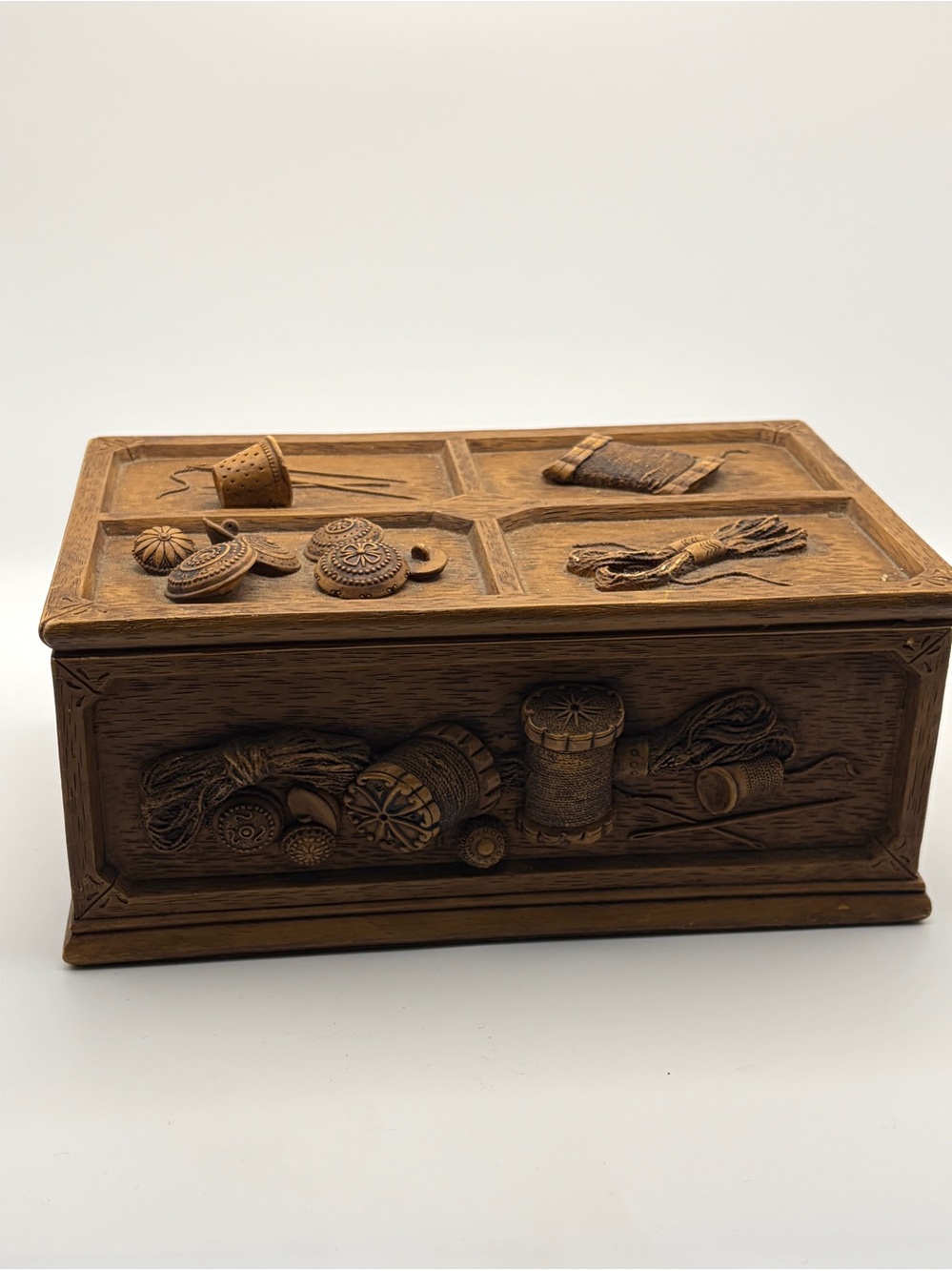 Vintage WASA Solingen Faux Wood Sewing Box With Intricate Sewing-Themed
